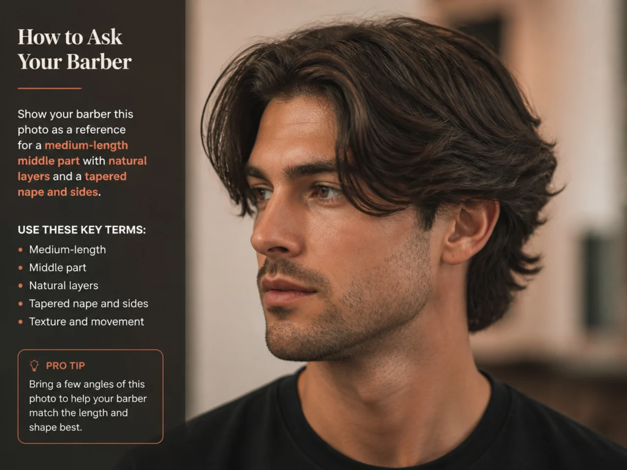 Barber and client discussing medium middle part reference photos in a modern barbershop