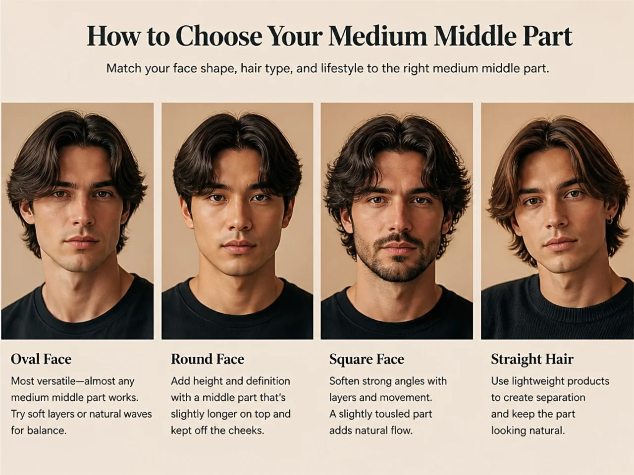 Three medium middle part variations side by side showing sleek, textured, and wavy versions