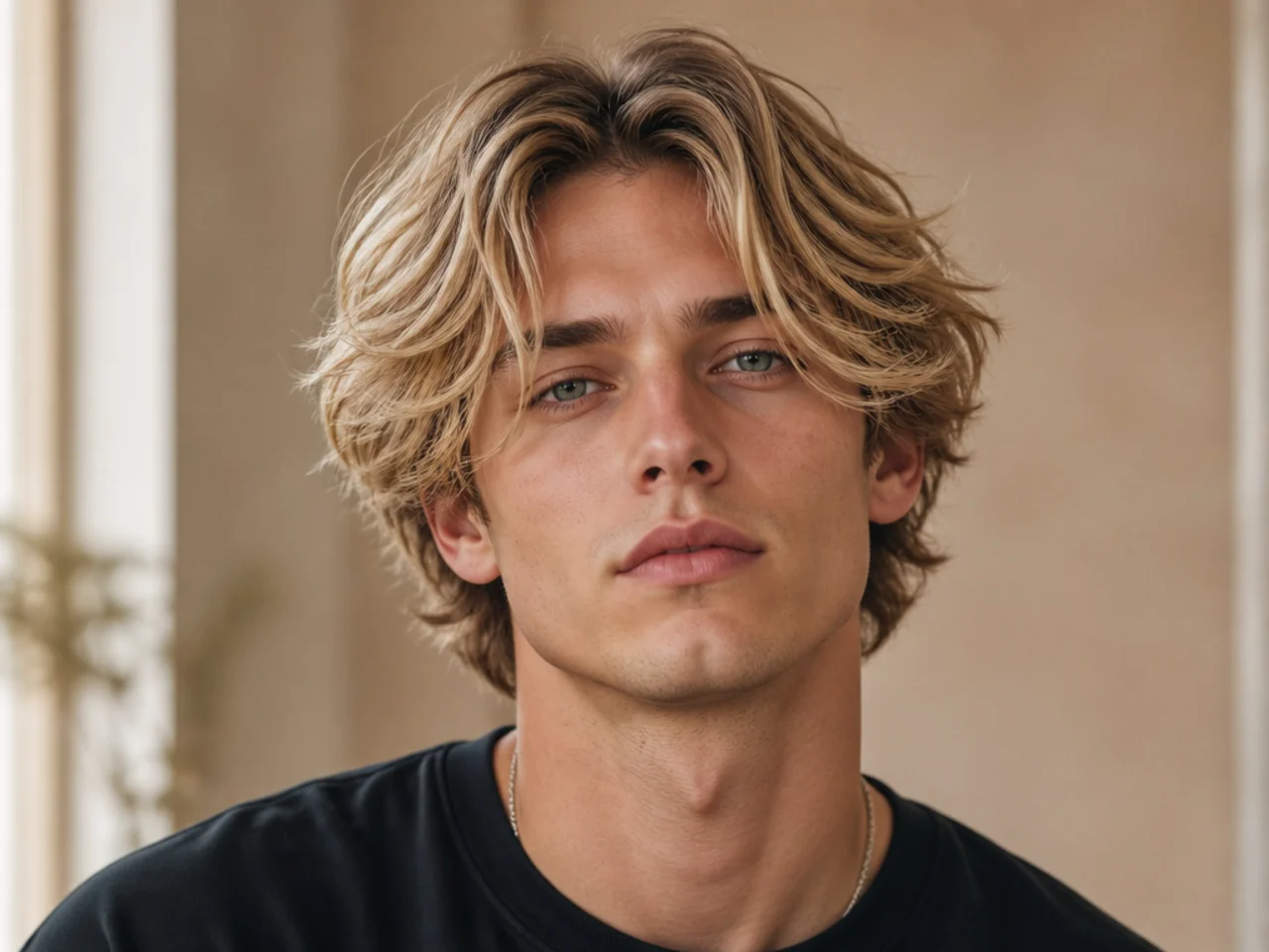 Choppy point-cut layered middle part on wavy blond hair with piecey ends