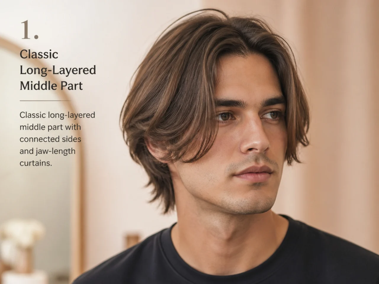 Classic long-layered middle part on straight brown hair, connected sides, jaw-length curtains