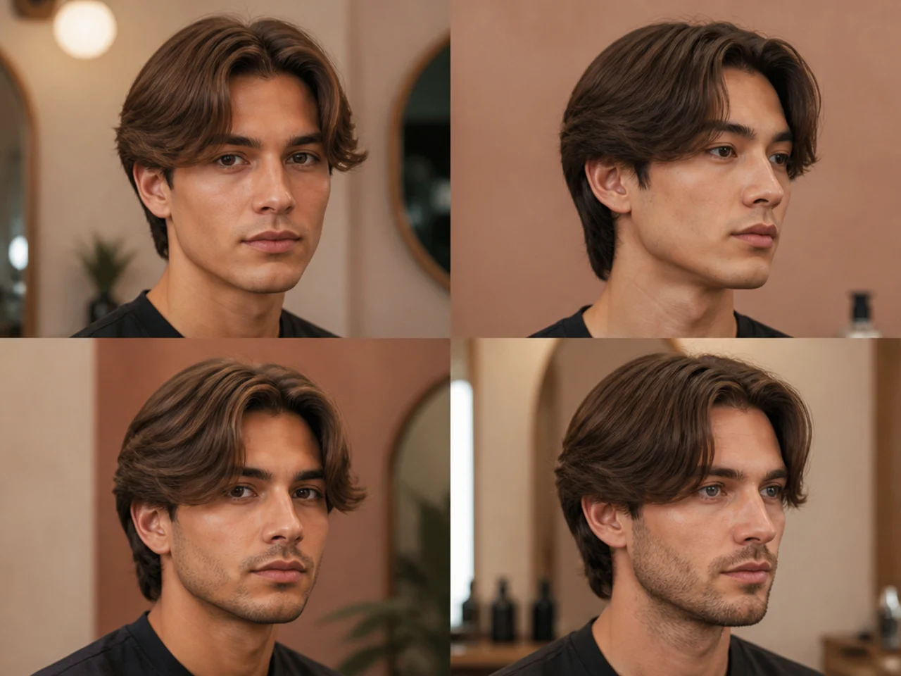 Layered curtain bang middle part with feathered front pieces on straight brown hair