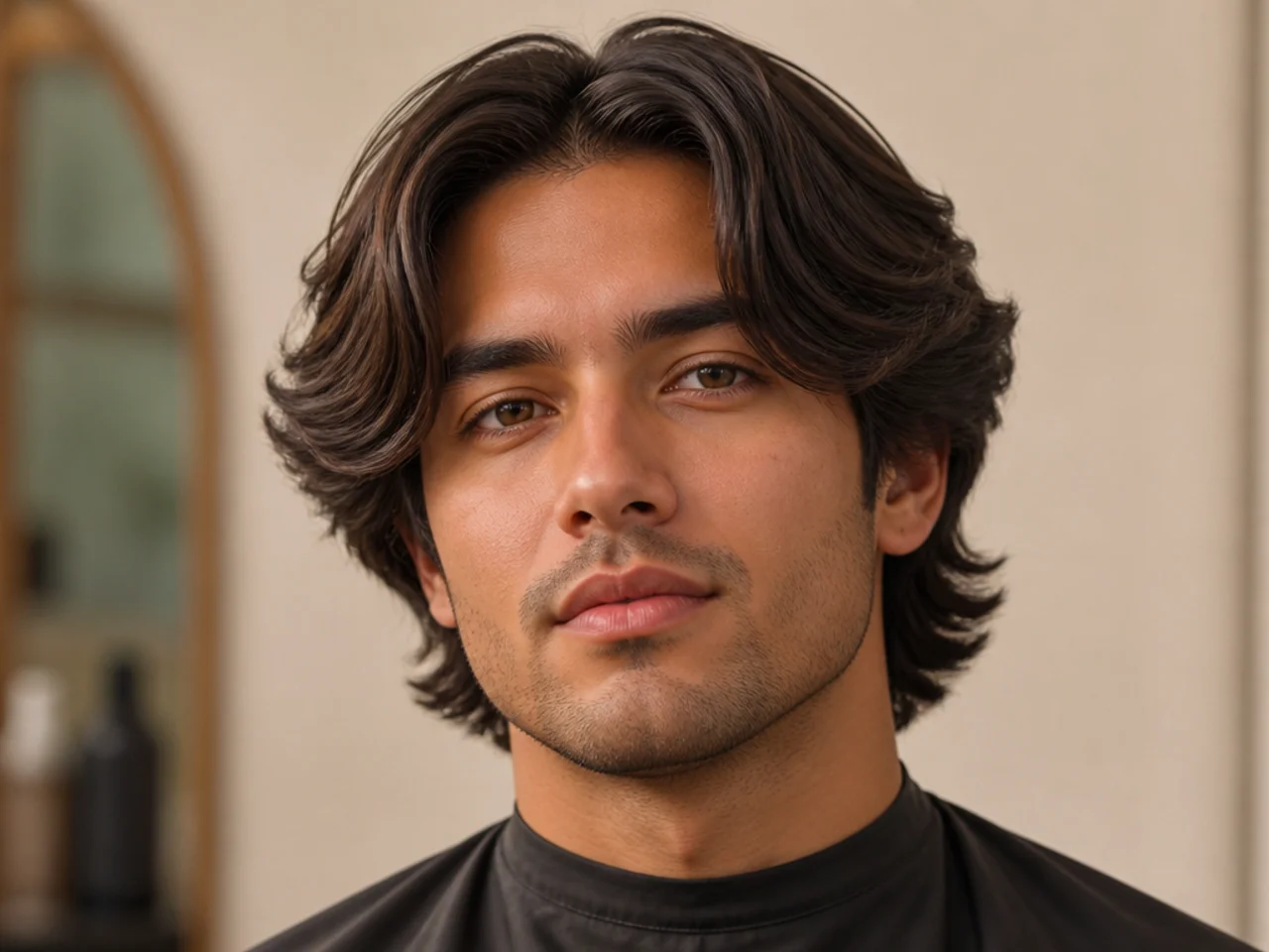 Feathered layered middle part with '70s-style flick-back on straight blond hair