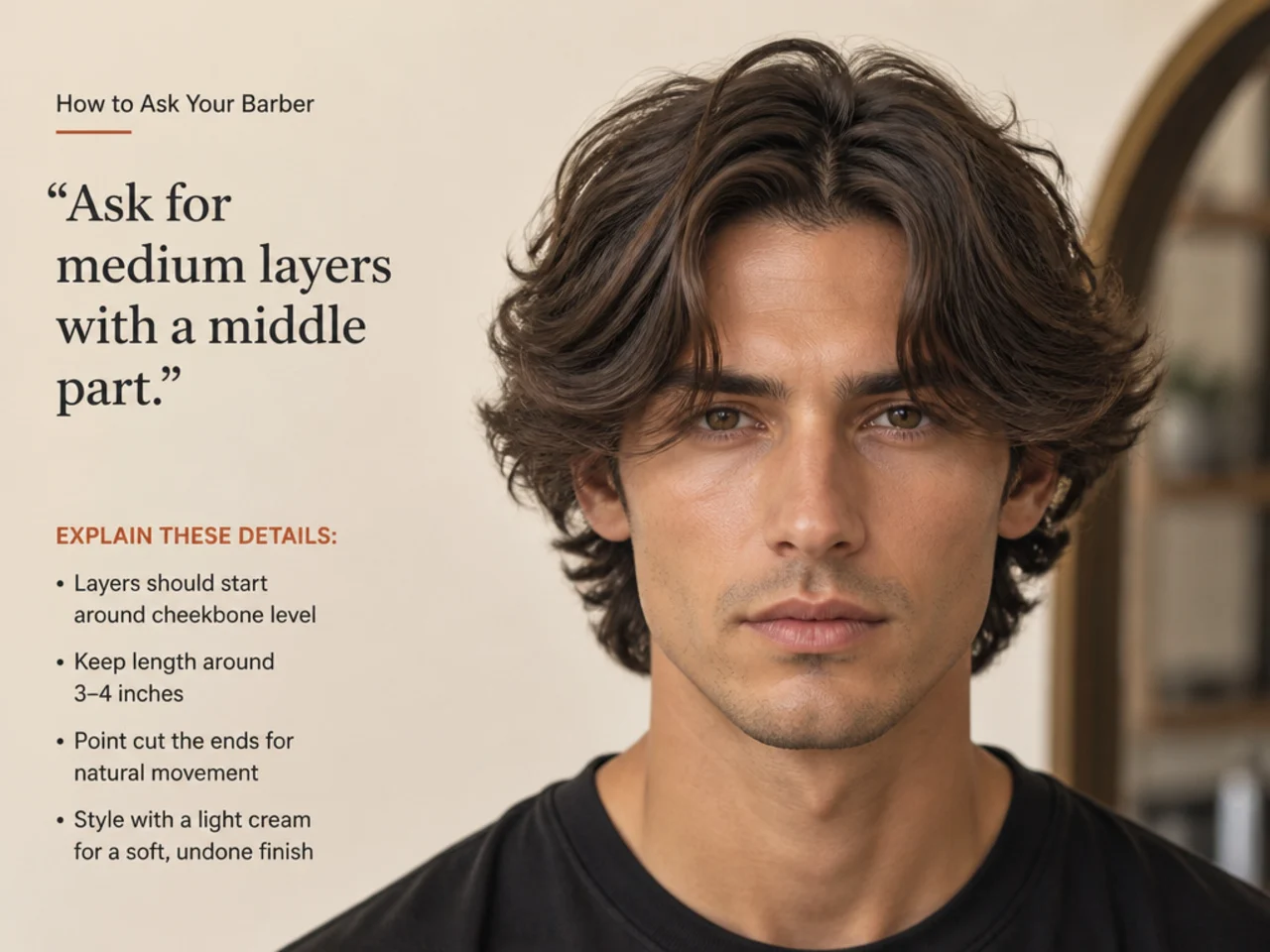 Barbershop consultation showing a photo reference for a layered middle part cut