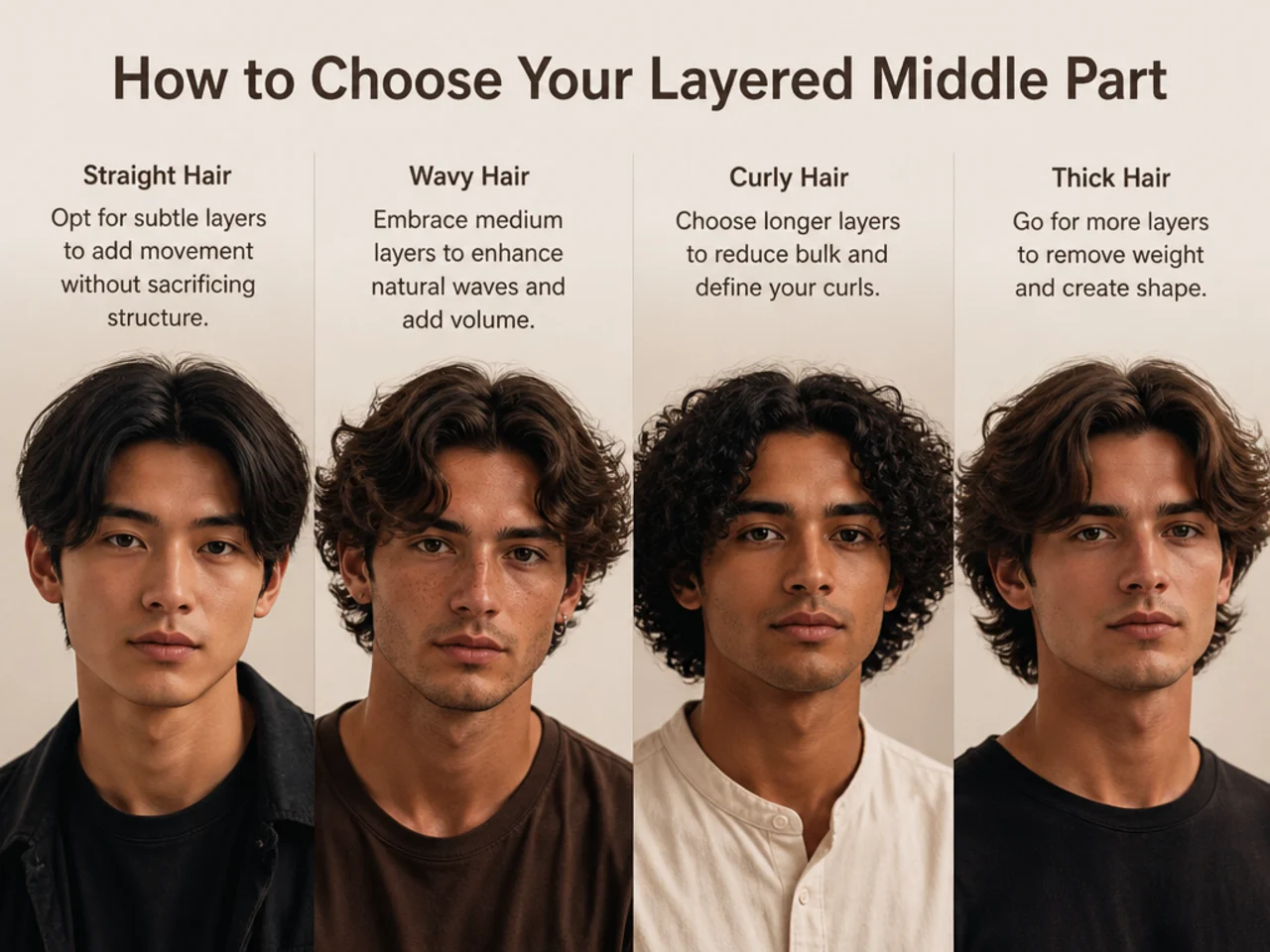 Barbershop comparison of short, medium, and shoulder-length layered middle parts on three men