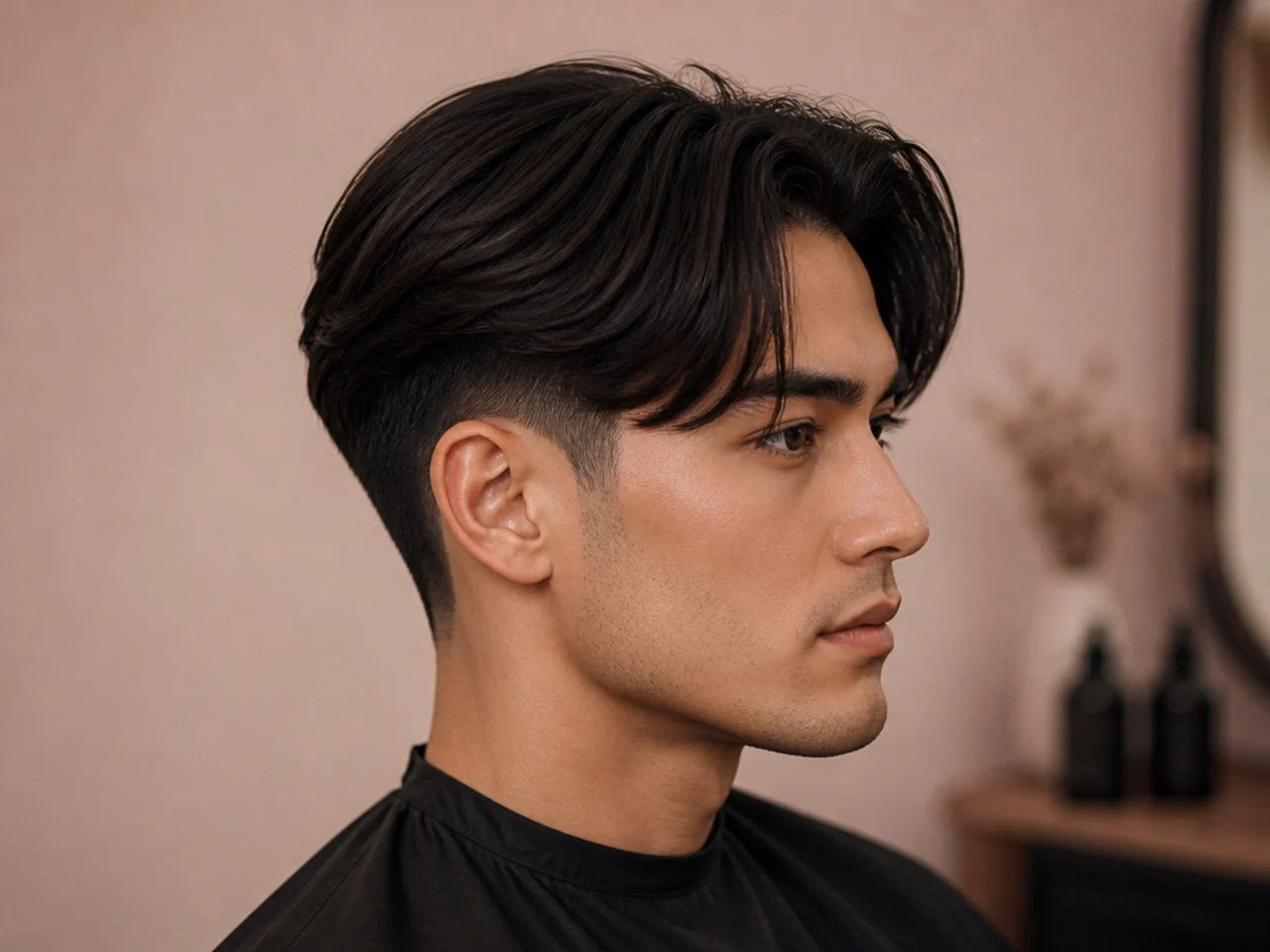 Layered middle part with a clean low taper fade behind the ear on straight dark hair