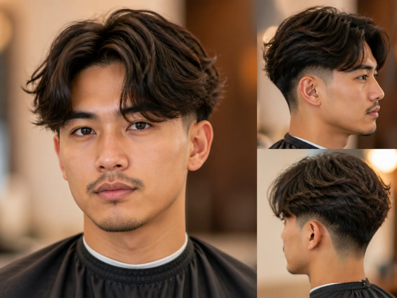 Layered middle part with mid fade at the temple, five-inch curtain top on wavy hair