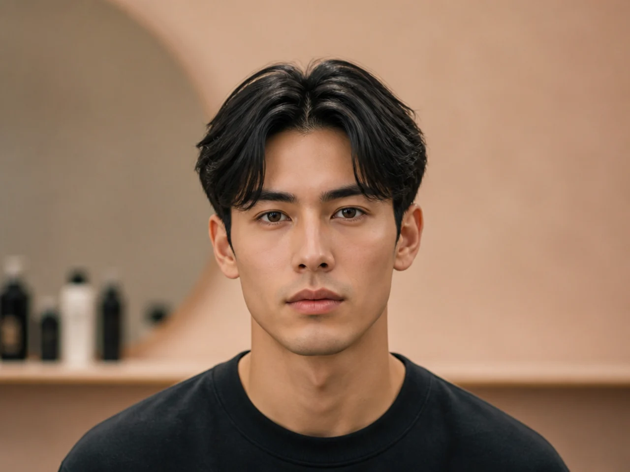 Short layered middle part on straight dark hair, three-inch top with a clean scissor taper