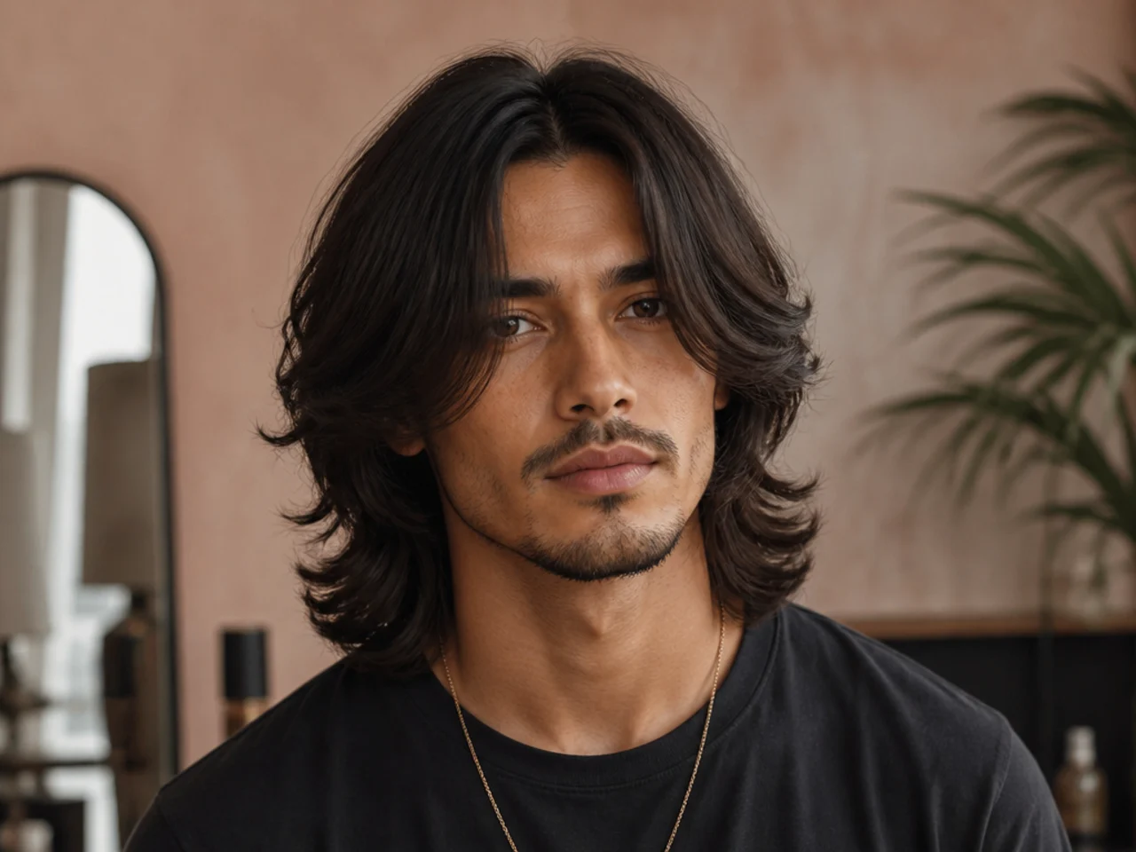 Shoulder-length layered middle part on wavy dark hair with heavy face-framing layers
