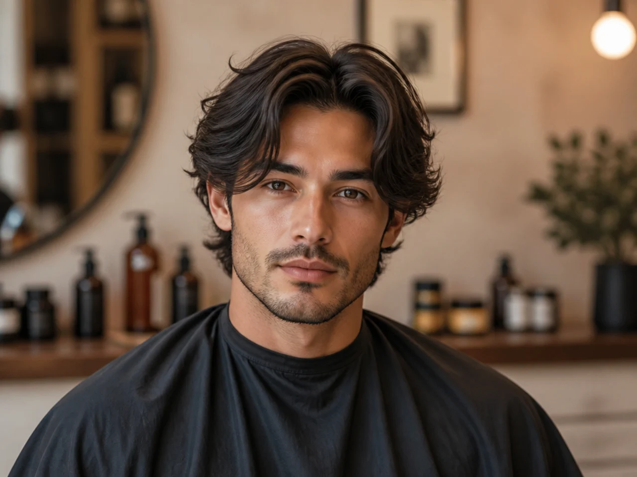 Styling products for a layered middle part — matte clay, sea-salt spray, wide-tooth comb, blow-dryer with nozzle