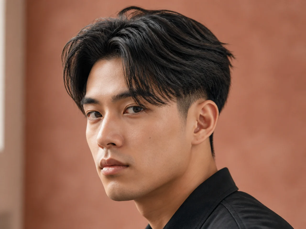 Textured layered middle part with a disconnected undercut on thick straight hair
