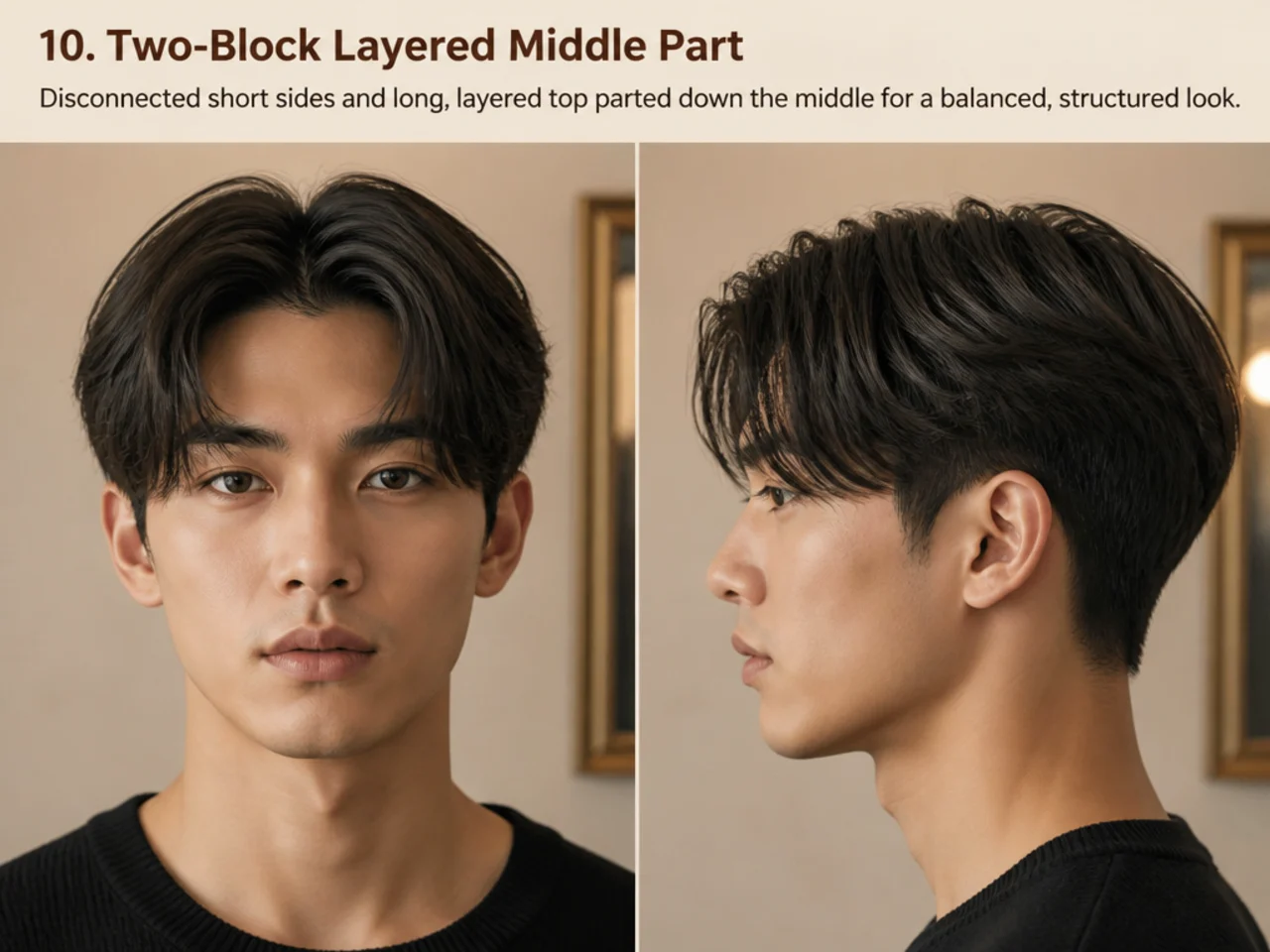 Two-block layered middle part with disconnected short sides and long layered top on Asian hair