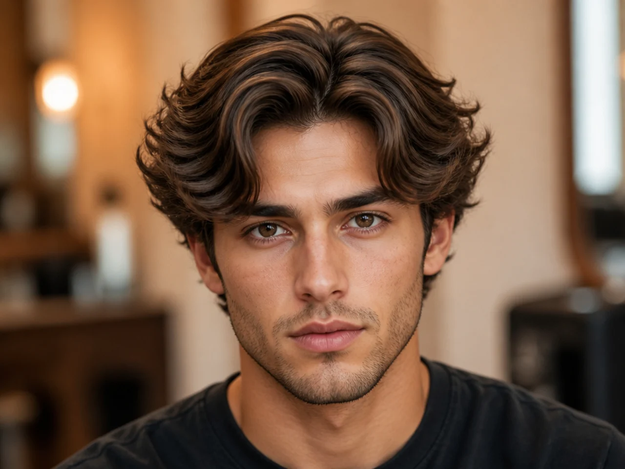 Voluminous layered middle part on thick wavy hair with deep internal thinning and lifted roots