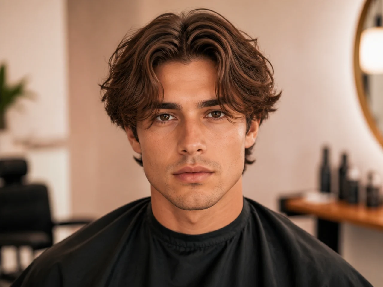 Wavy layered middle part on medium brown hair with natural swell and internal razor layers