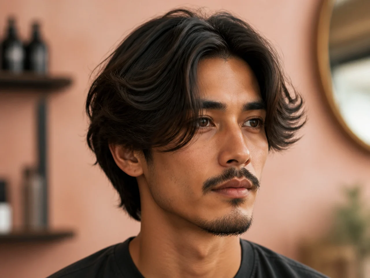 Layered middle part men — scissor-cut curtain top with internal layers on wavy hair