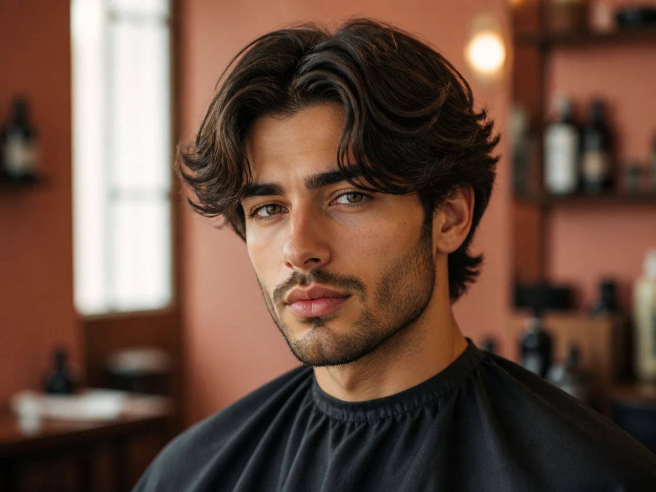 Reference photo of a middle part male haircut open on a phone in front of a barber chair