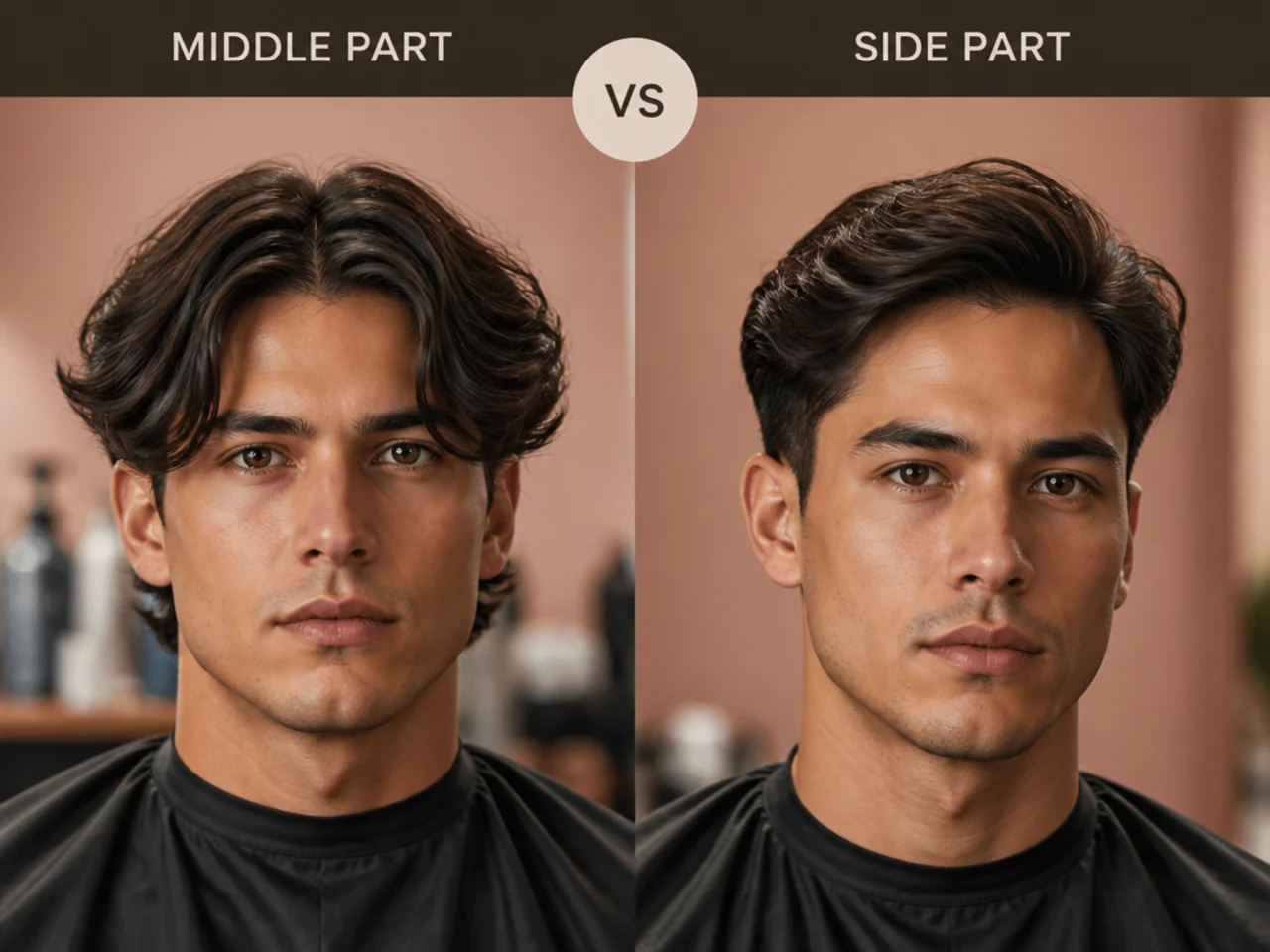 Side-by-side of a middle part male haircut and a classic side part on the same subject