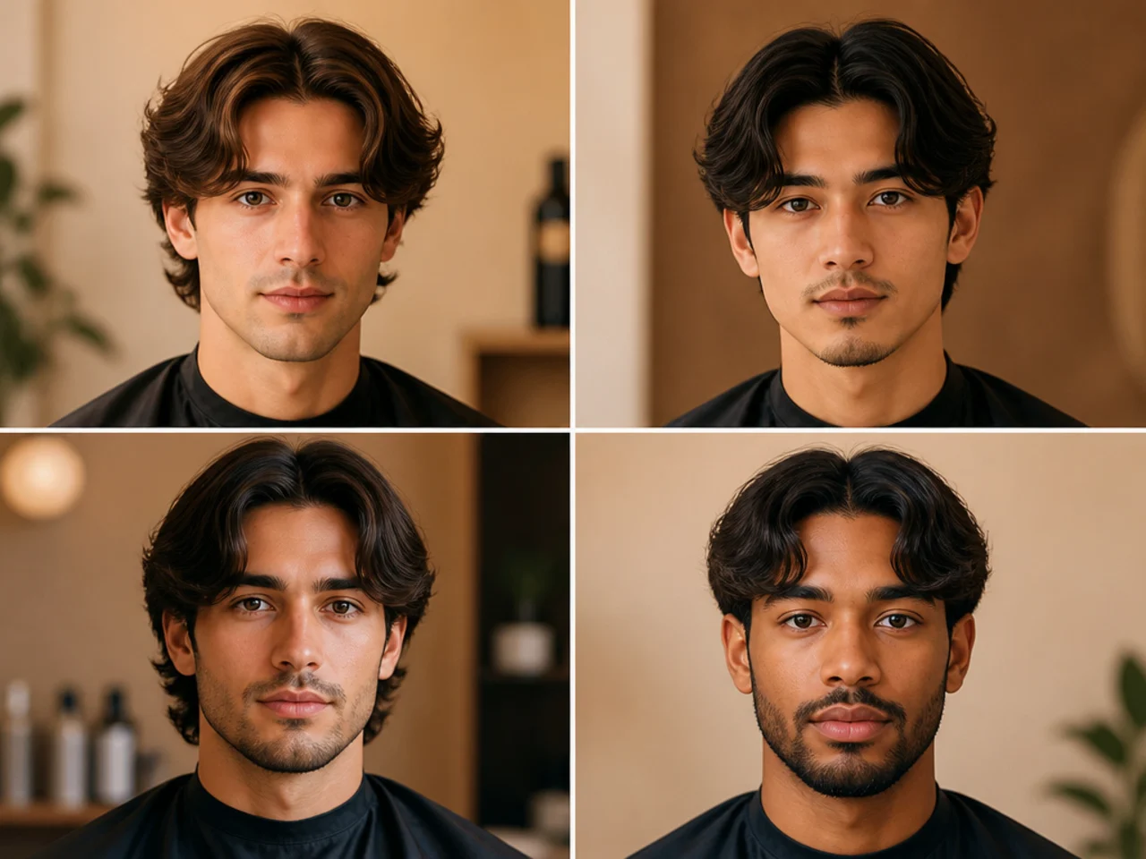 Comparison of a middle part male haircut on oval, round, square, and heart face shapes