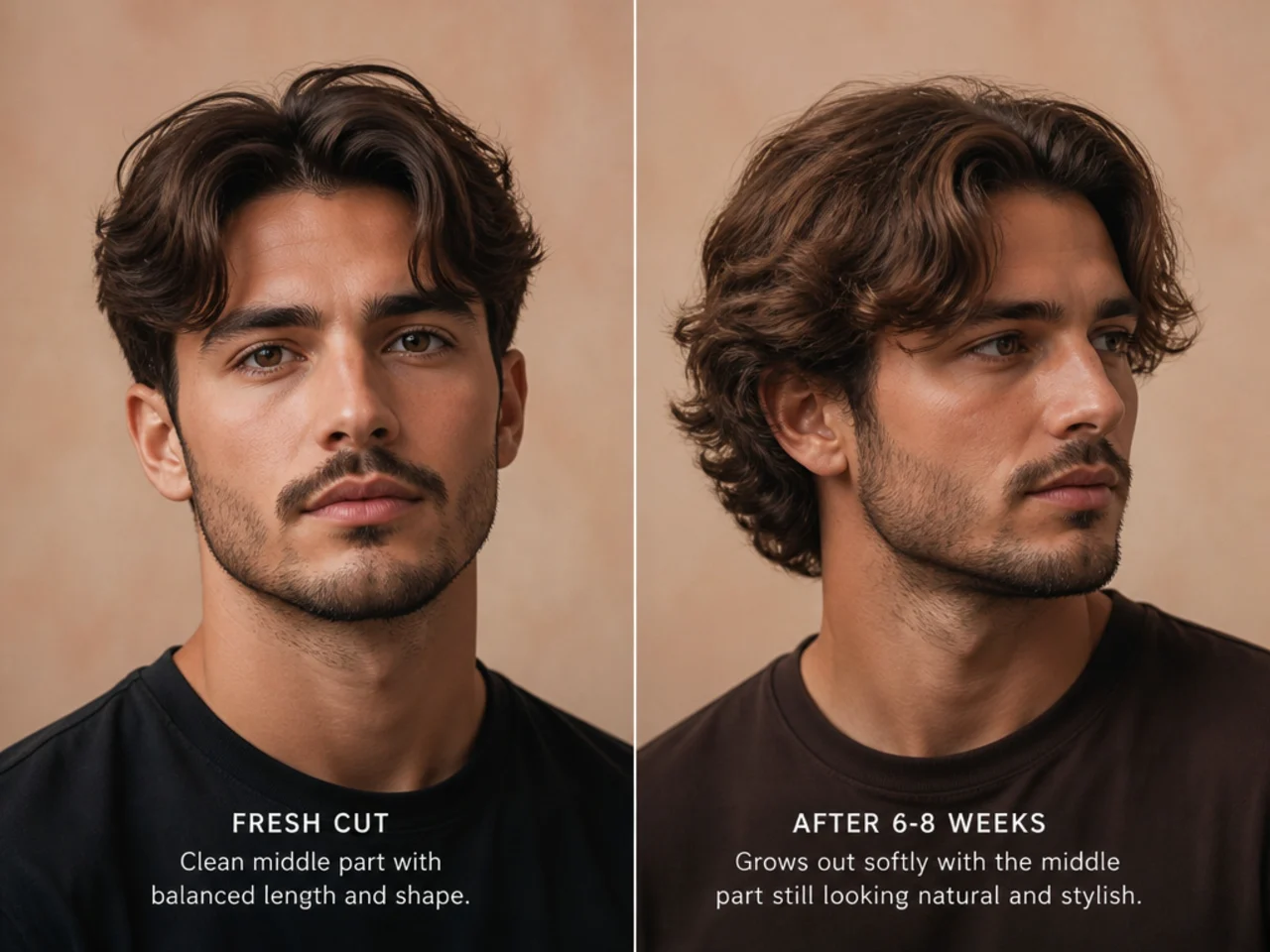 Middle part male haircut at week one, week three, and week five showing graceful grow-out