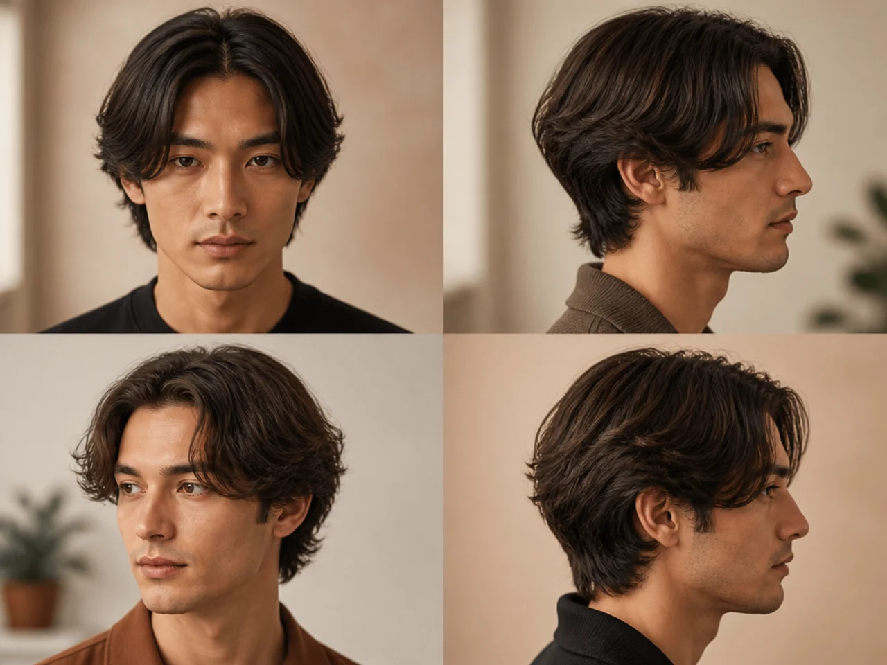 Middle part male haircut shot from front, three-quarter, and side angles showing consistent silhouette