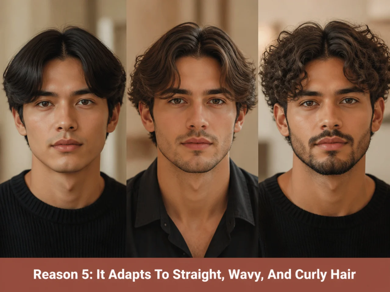 Middle part male haircut on straight, wavy, and curly hair types showing the same silhouette across textures