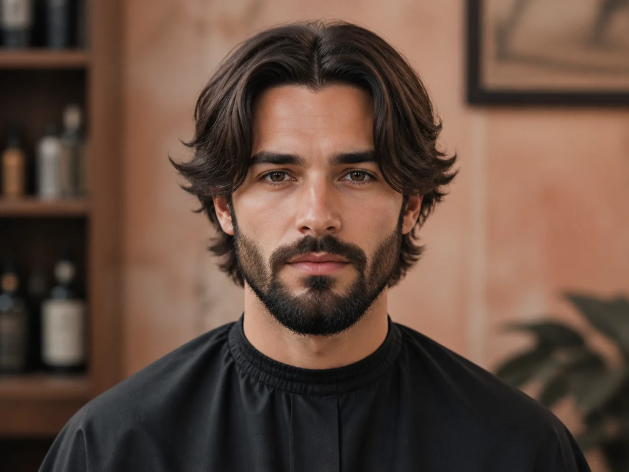 Middle part mens haircut with a connected sculpted beard