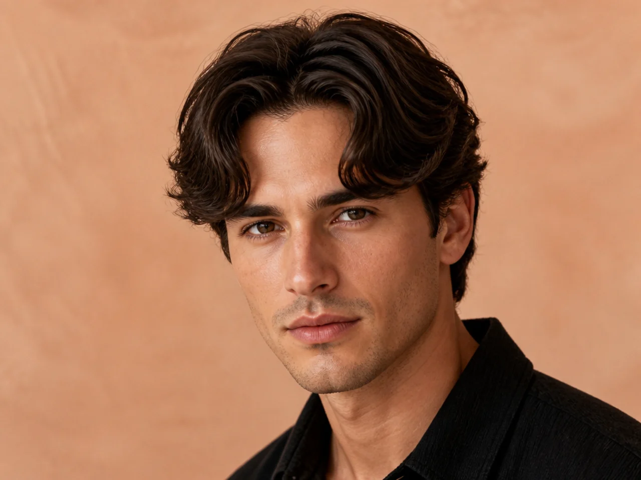 Middle part mens haircut with a comma-shaped curl fringe on both sides