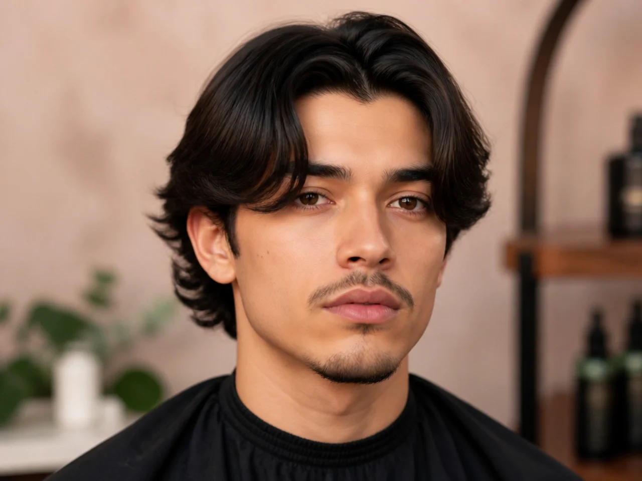 Peso Pluma middle part mens haircut with edged fringe and mullet nape