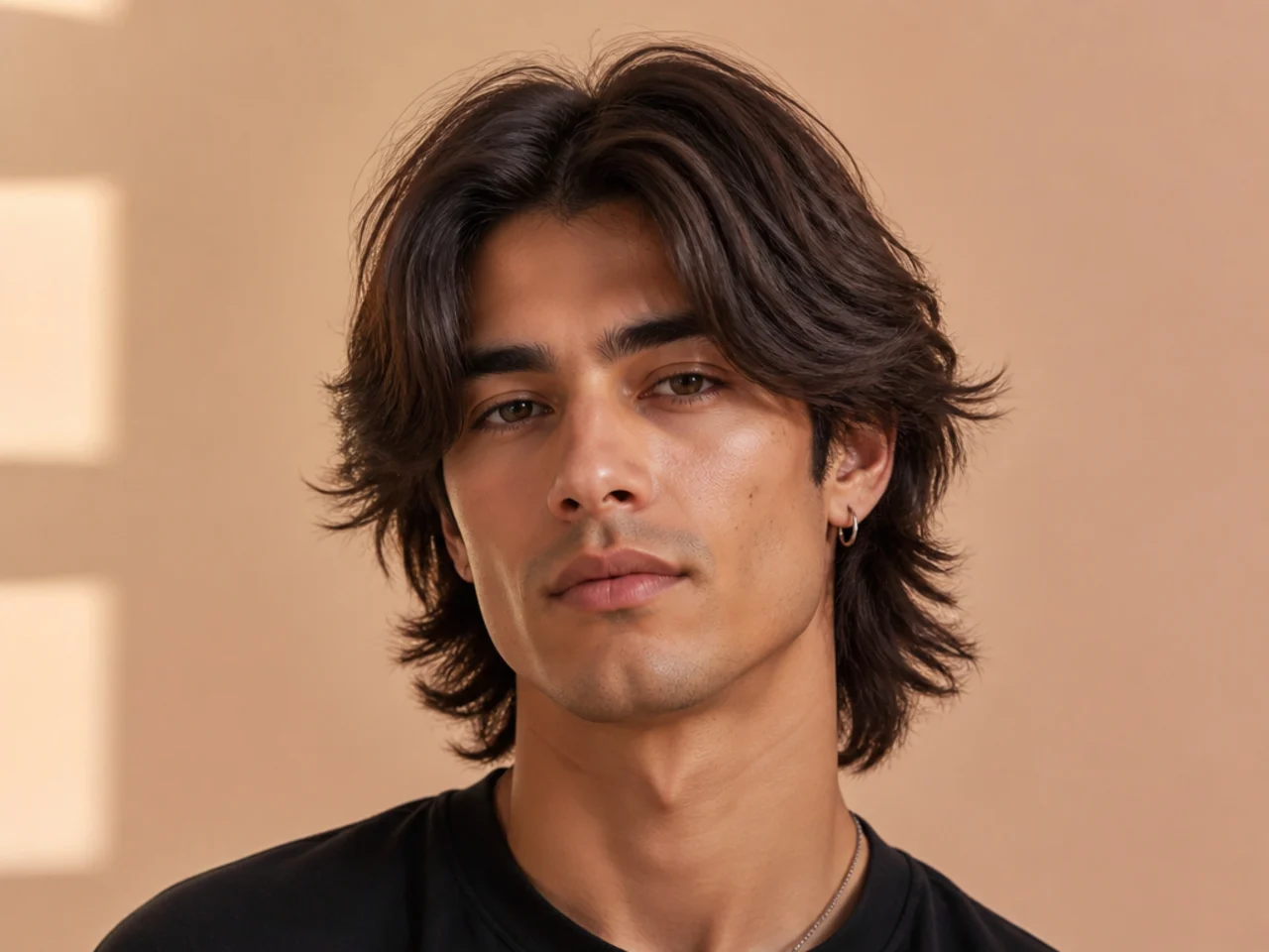 Wolf cut middle part mens haircut with shaggy layers and center split