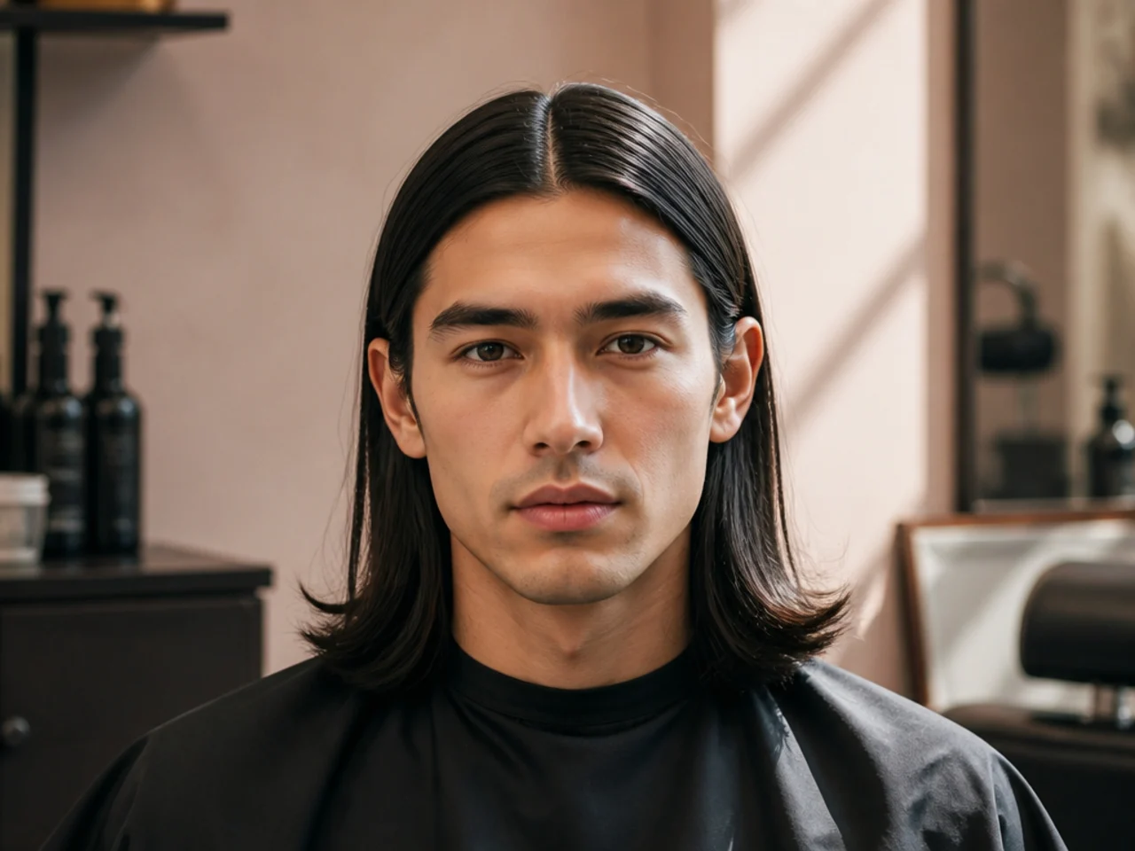 Straight sleek middle part mens haircut with glassy finish