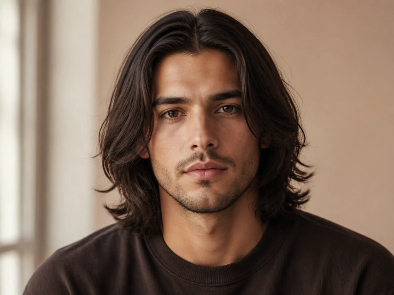 Long shoulder-length middle part mens haircut with heavy layers