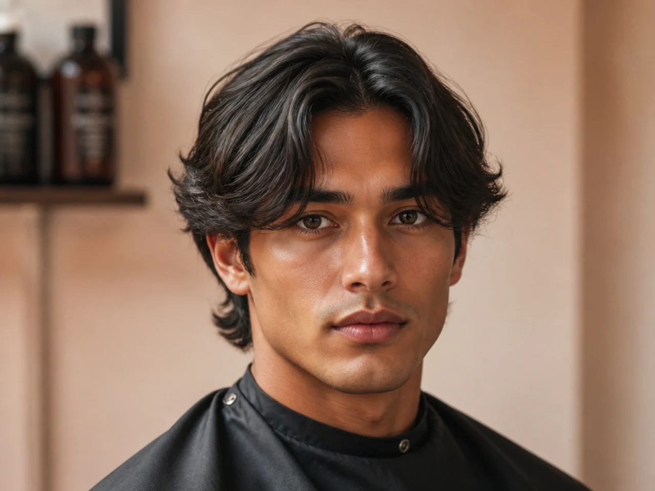 Feathered middle part mens haircut with razor-cut wispy ends