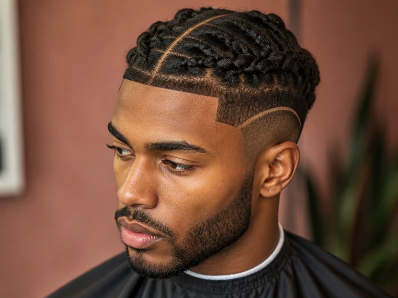 Middle part mens haircut with razor line-up and etched side design