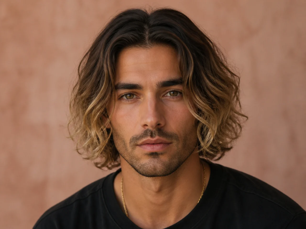 Middle part mens haircut with peroxide blonde tips at the ends