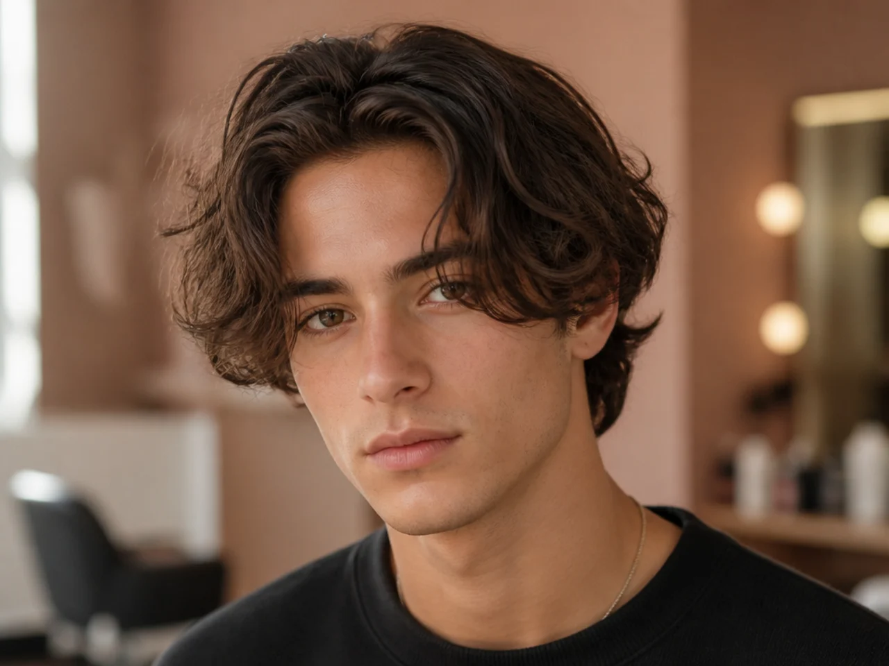 Timothee Chalamet curtain middle part mens haircut with soft cheekbone-length front pieces