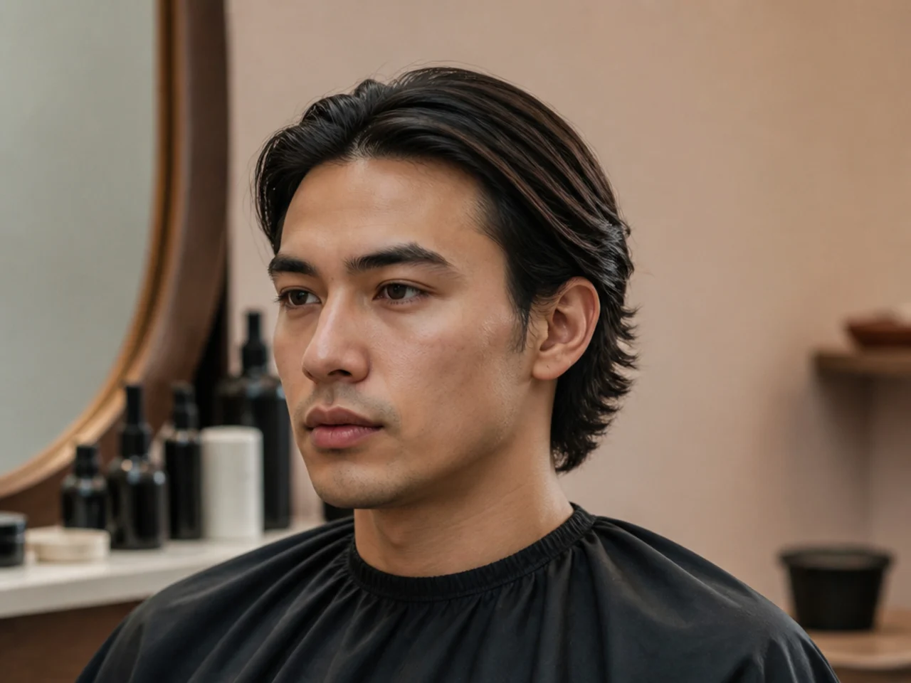Pushed-behind-ears middle part mens haircut styled off the face