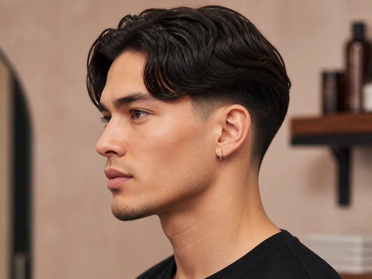Middle part mens haircut with a clean low taper fade at the sideburns