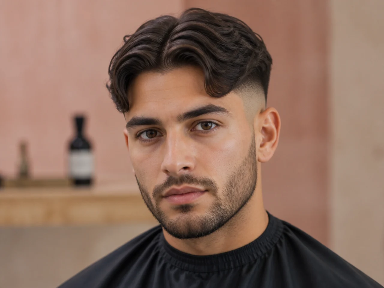 Middle part mens haircut with a sharp skin fade at the temples