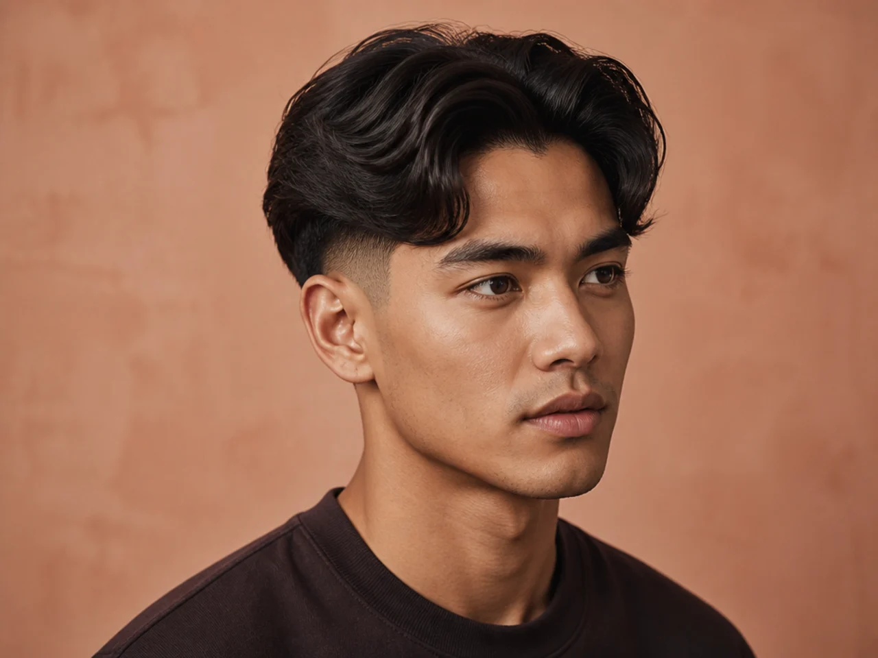 Middle part mens haircut with a burst fade curving around the ear