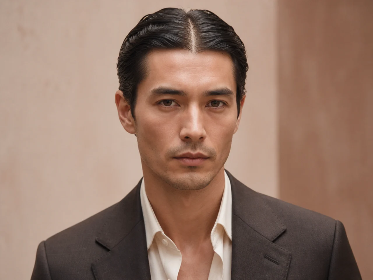 Slicked-back middle part mens haircut with pomade shine