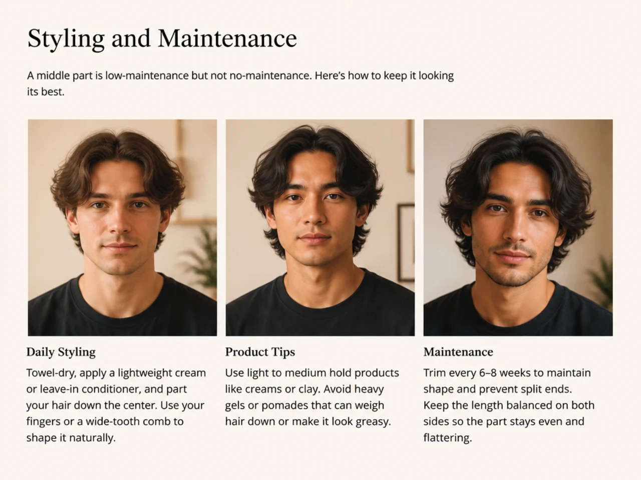 Styling and maintenance for a middle part mens haircut with product flat lay