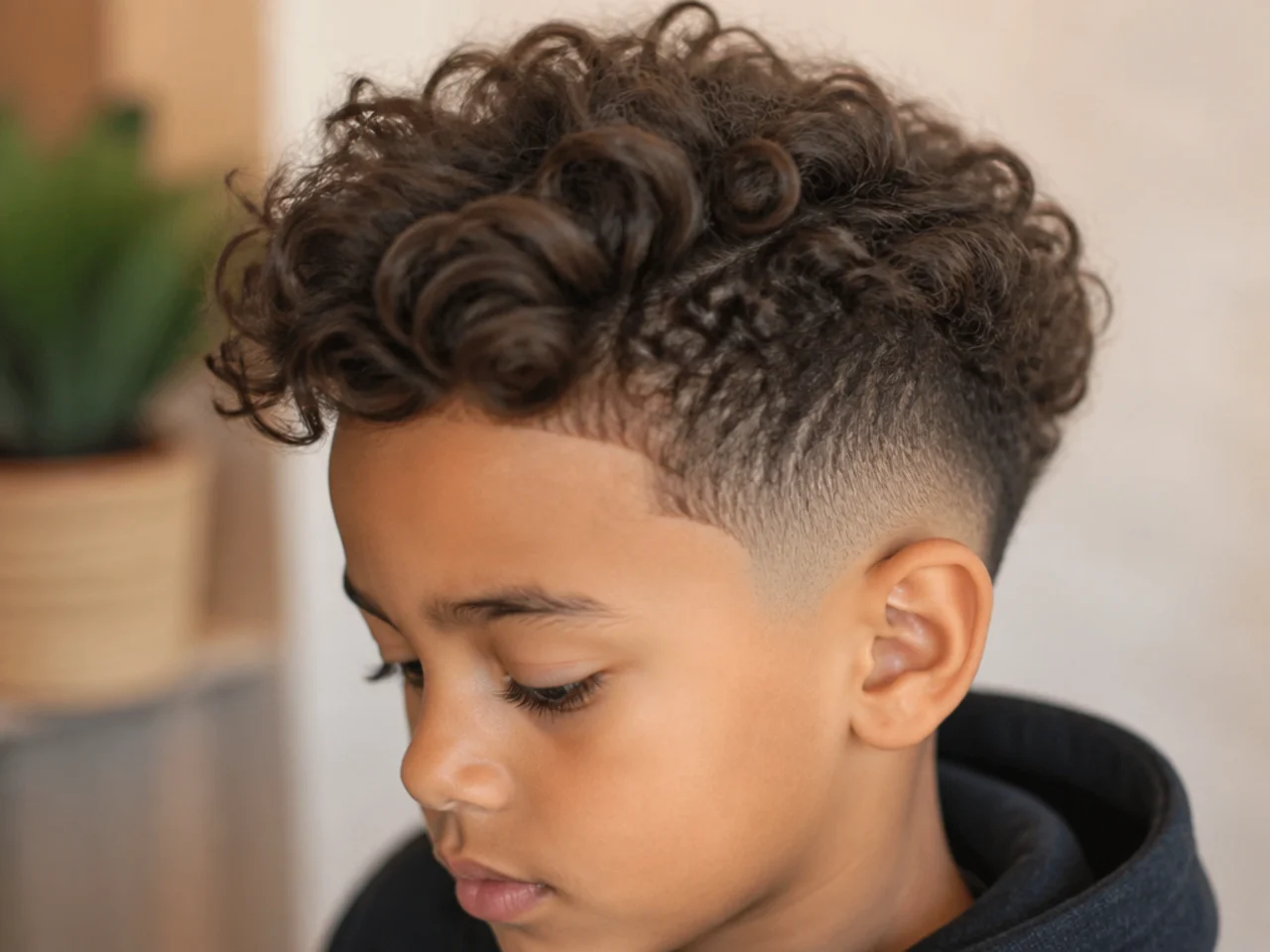 A boy with curly sides and looser hair on top