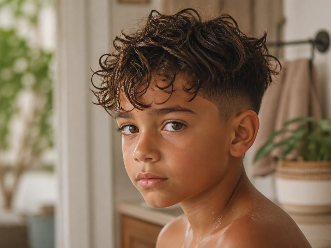 A boy with wet mixed-texture curls after swimming