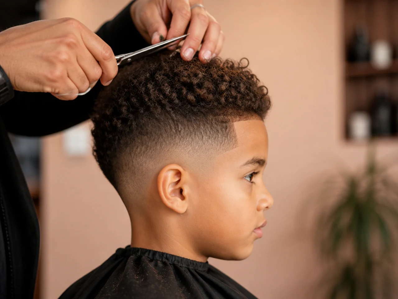 A barber dry cutting a boy's mixed-texture curls