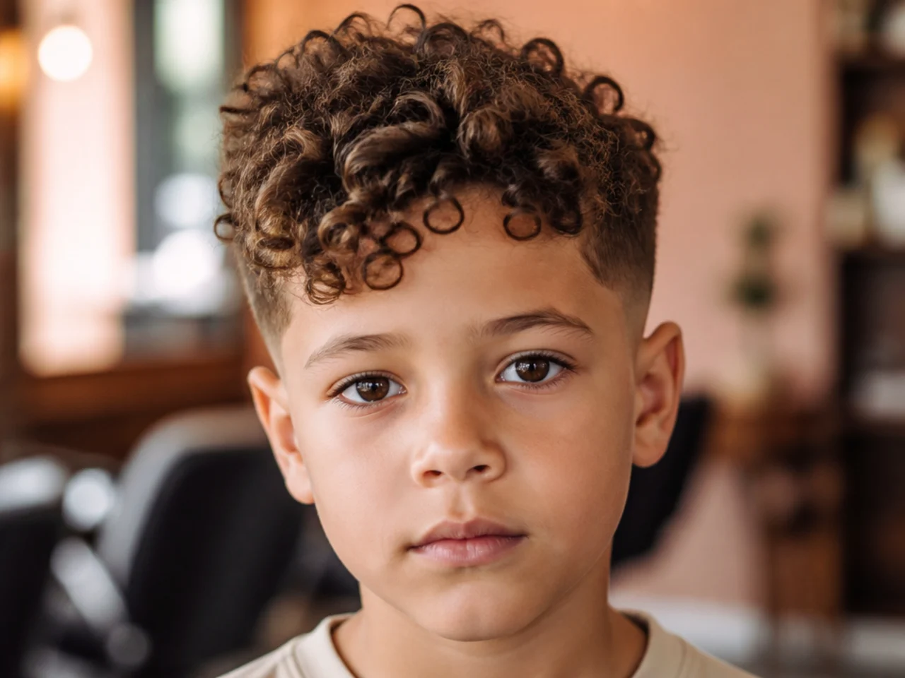 A boy with looser curls at the front and tighter curls at the crown