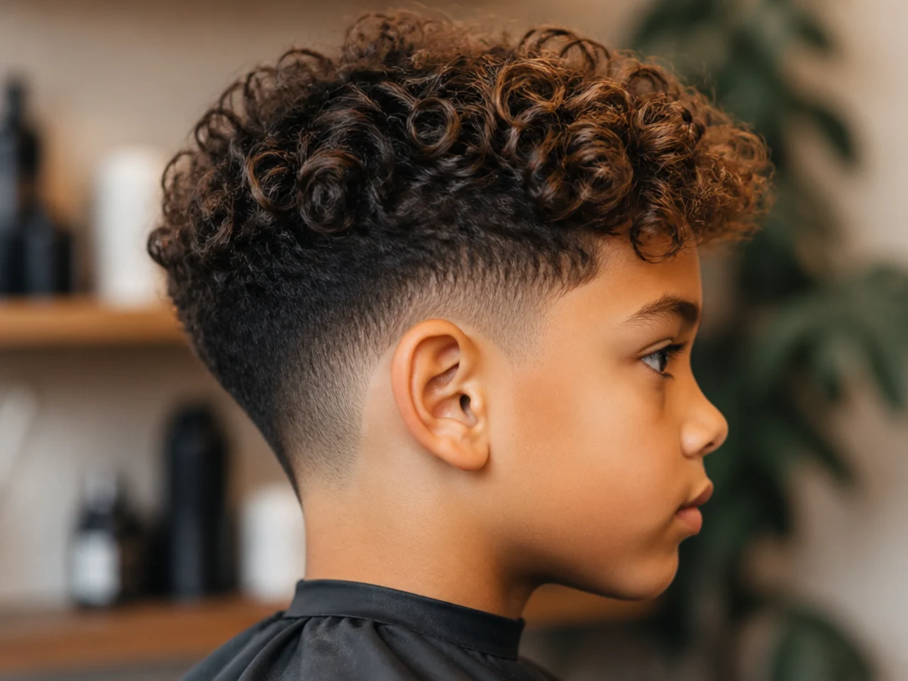 A boy with a tapered nape under mixed-texture curls