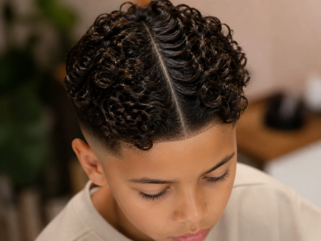 A boy with mixed-texture curls parted down the middle