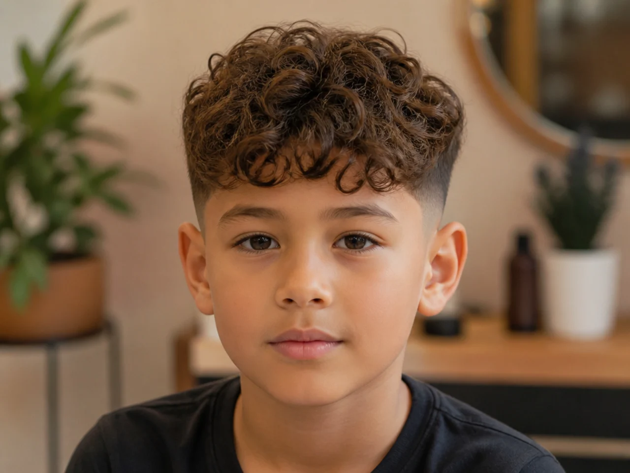 A boy with a curly fringe cut from looser front hair