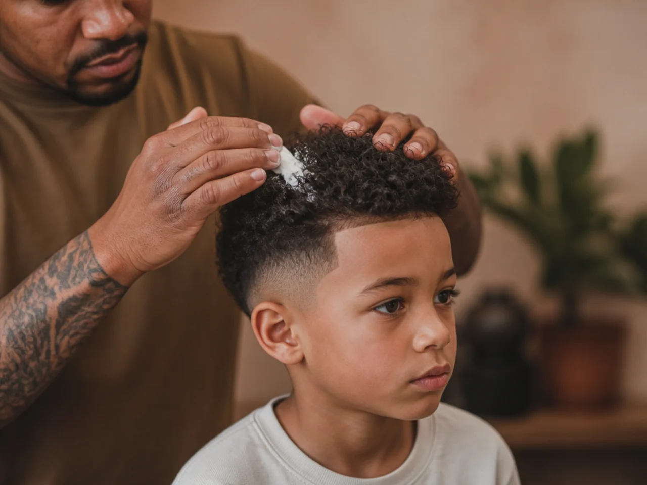 A parent applying curl cream to one section of a boy's hair
