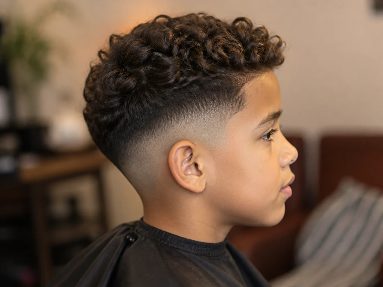 A boy with mixed-texture curls above a low fade