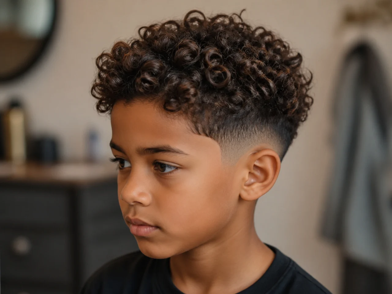 Side view of a boy with mixed curl textures